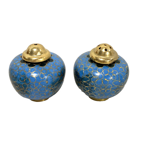 Vintage Brass & Blue Enamel Salt & Pepper Shakers Set Cloisonné Style Roly Poly - Picture 3 of 9
